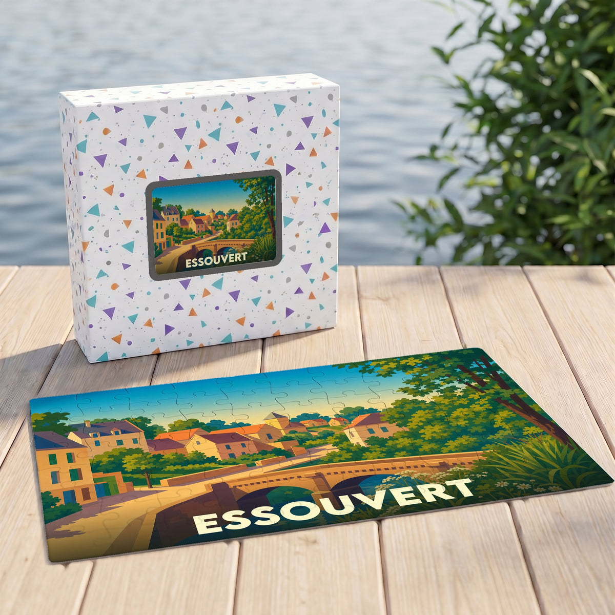 Puzzle souvenir de la ville d'Essouvert avec une illustration stylisée d'un pont et de maisons colorées.