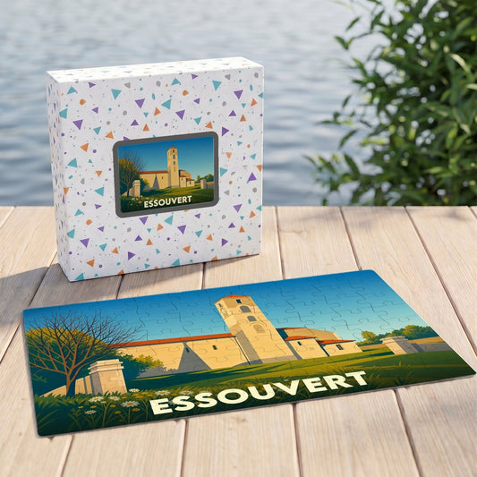 Puzzle souvenir de la ville d'Essouvert avec une illustration stylisée de son église et de son paysage.