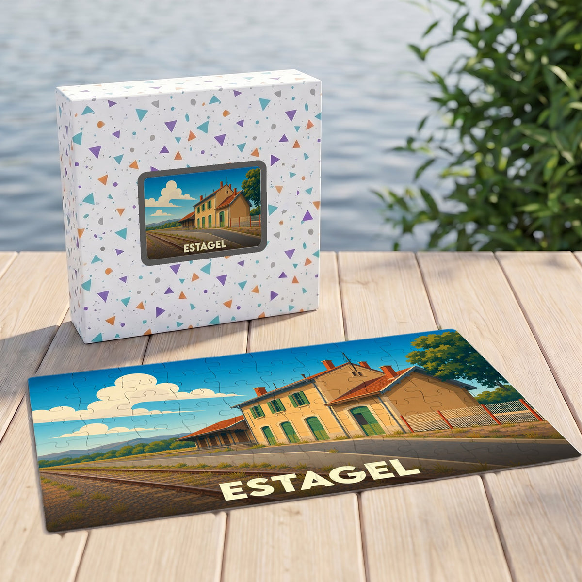Puzzle souvenir de la ville d'Estagel avec une illustration stylisée de son ancienne gare.
