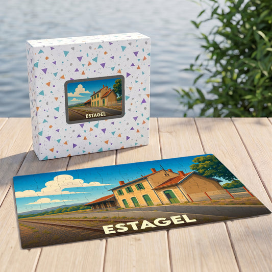Puzzle souvenir de la ville d'Estagel avec une illustration stylisée de son ancienne gare.