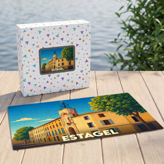 Puzzle souvenir de la ville d'Estagel avec une illustration stylisée et colorée.