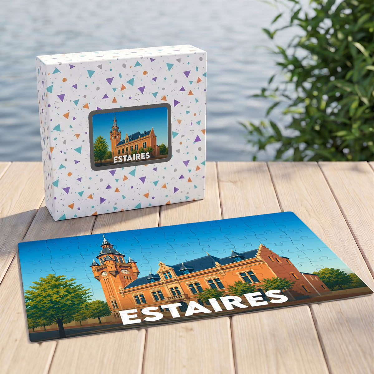 Puzzle souvenir de la ville de Estaires avec une illustration stylisée de son hôtel de ville.