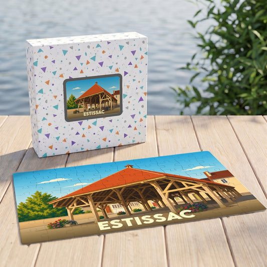 Puzzle souvenir de la ville d'Estissac avec une illustration stylisée d'une halle couverte traditionnelle.
