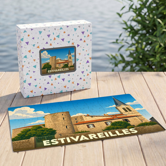 Puzzle souvenir de la ville d'Estivareilles avec une illustration stylisée de son patrimoine.