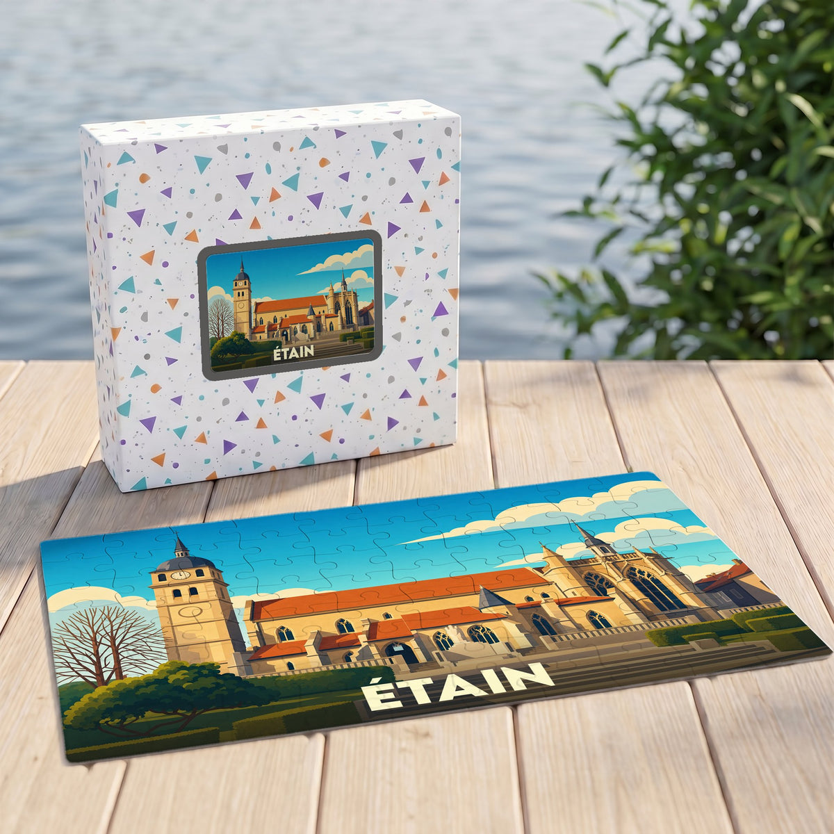 Puzzle souvenir de la ville d'Étain présentant une illustration stylisée de son église historique.