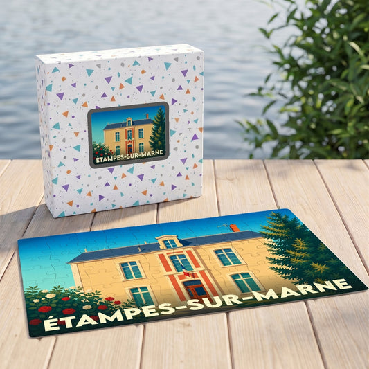 Puzzle souvenir de la ville d'Étampes-sur-Marne avec une illustration stylisée de sa mairie.