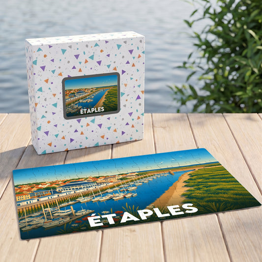 Puzzle souvenir de la ville d'Étaples avec une illustration stylisée de son port de plaisance.