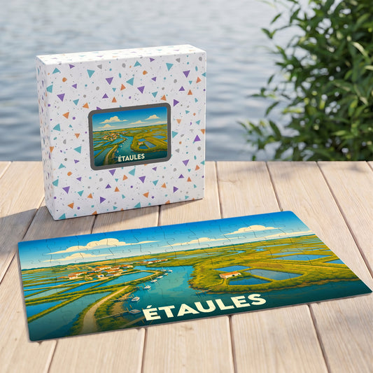Puzzle souvenir de la ville d'Étaules présentant une illustration stylisée de ses marais et paysages ostréicoles.