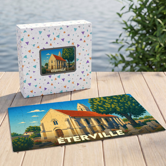 Puzzle souvenir de la ville de Éterville avec une illustration stylisée de son église.