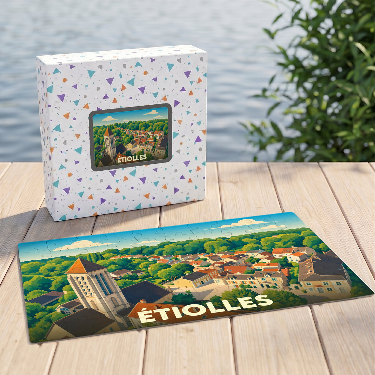 Puzzle souvenir de la ville de Étiolles avec une illustration paysagère stylisée.