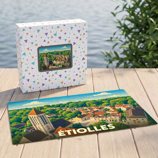Puzzle souvenir de la ville de Étiolles avec une illustration paysagère stylisée.