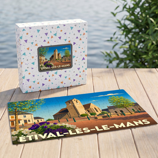 Puzzle souvenir de la ville d'Étival-lès-le-Mans avec une illustration stylisée de son église et de sa place.