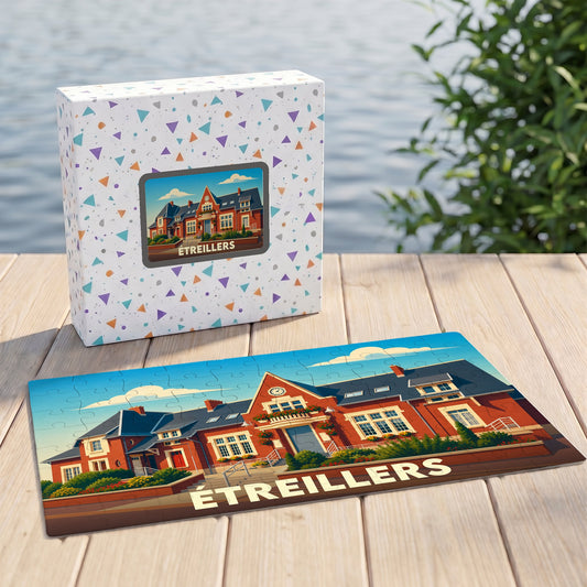 Puzzle souvenir de la ville d'Étreillers avec une illustration stylisée d'un bâtiment en briques rouges.