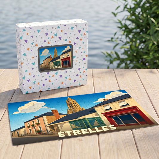 Puzzle souvenir de la ville d'Étrelles avec une illustration stylisée et colorée de ses bâtiments emblématiques.