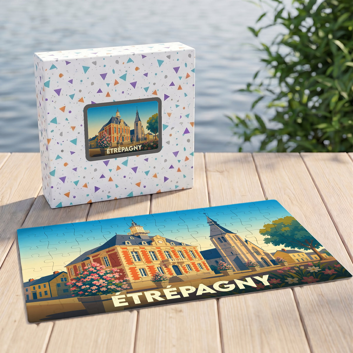 Puzzle souvenir de la ville d'Étrépagny avec une illustration colorée de son architecture typique.
