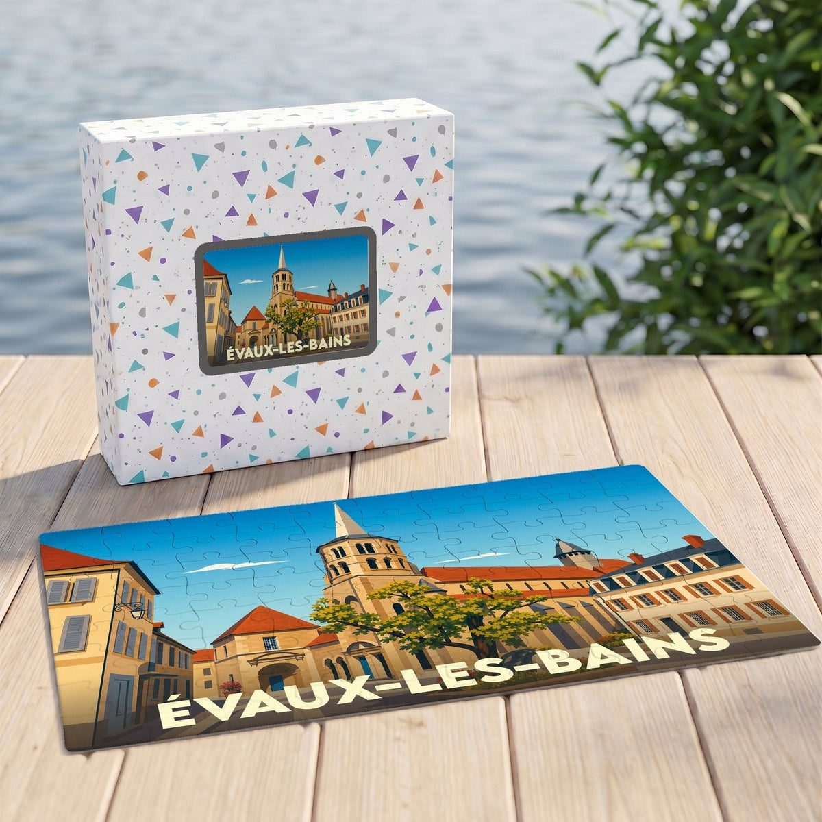 Puzzle souvenir de la ville de Évaux-les-Bains avec une illustration stylisée d'un paysage urbain.
