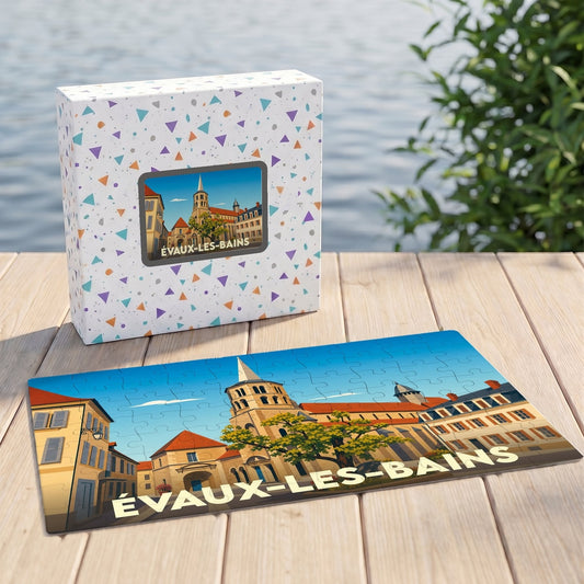 Puzzle souvenir de la ville de Évaux-les-Bains avec une illustration stylisée d'un paysage urbain.