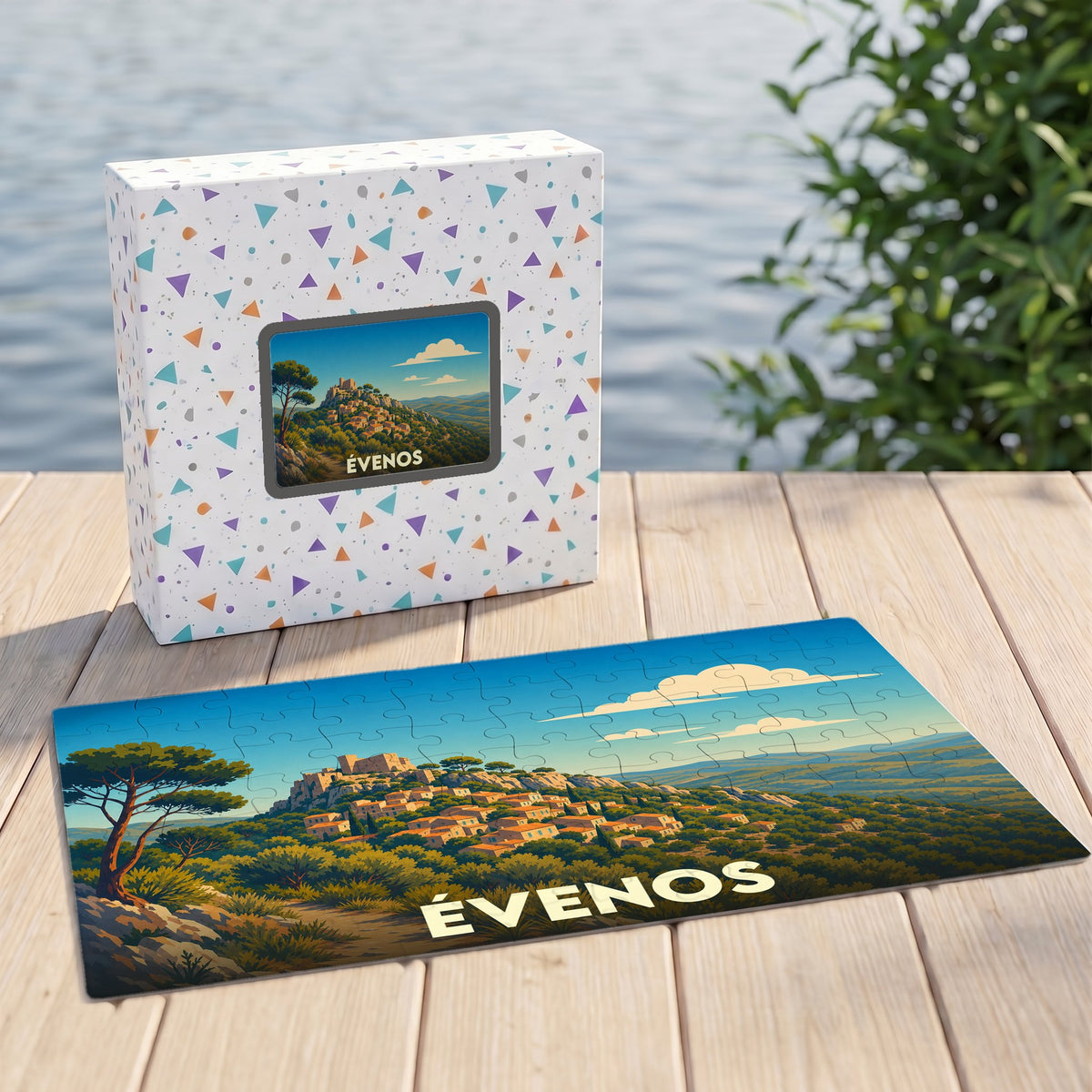 Puzzle souvenir de la ville d'Évenos avec une illustration stylisée d'un village perché.