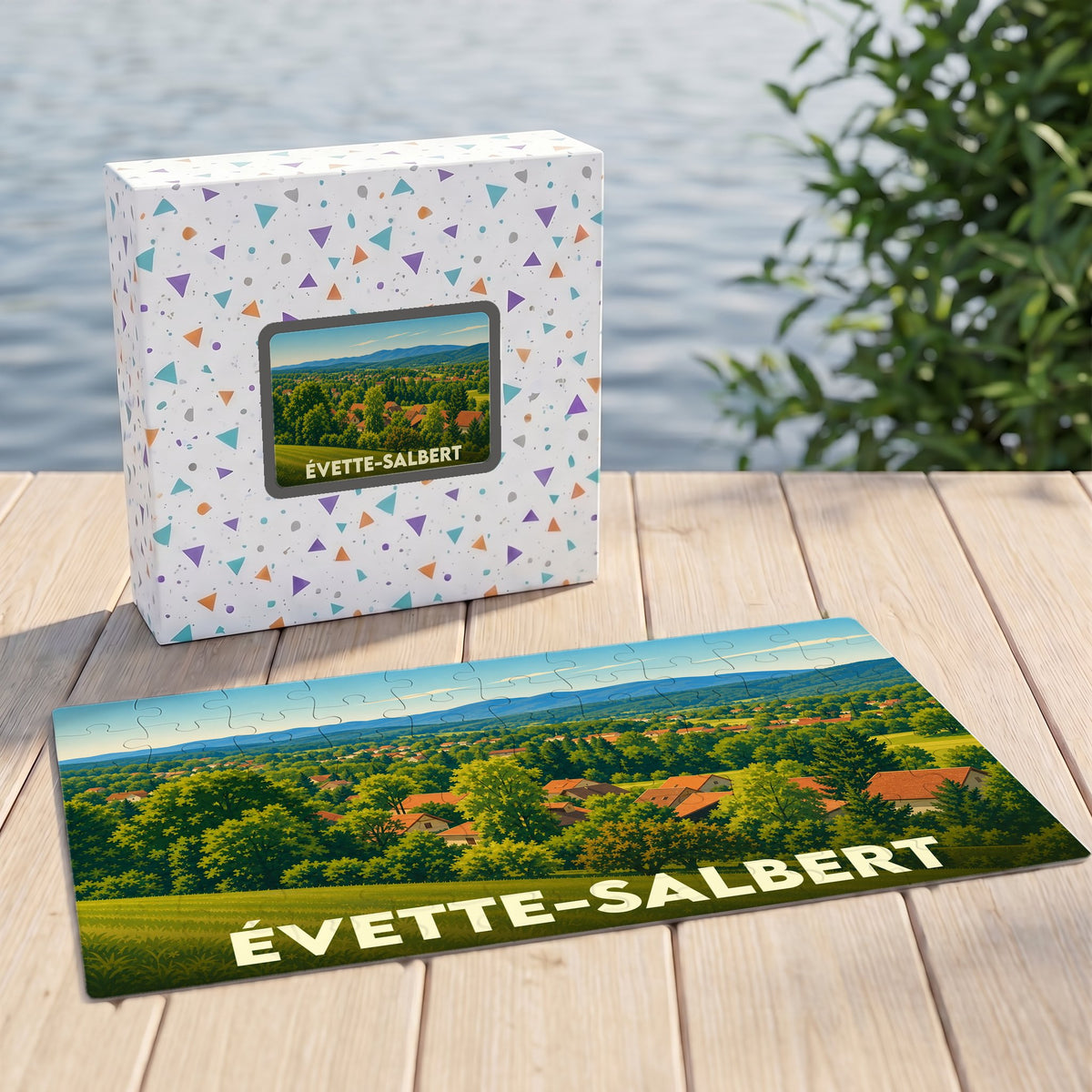 Puzzle souvenir de la ville de Évette-Salbert avec une illustration de paysage panoramique.