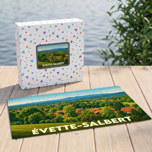 Puzzle souvenir de la ville de Évette-Salbert avec une illustration de paysage panoramique.