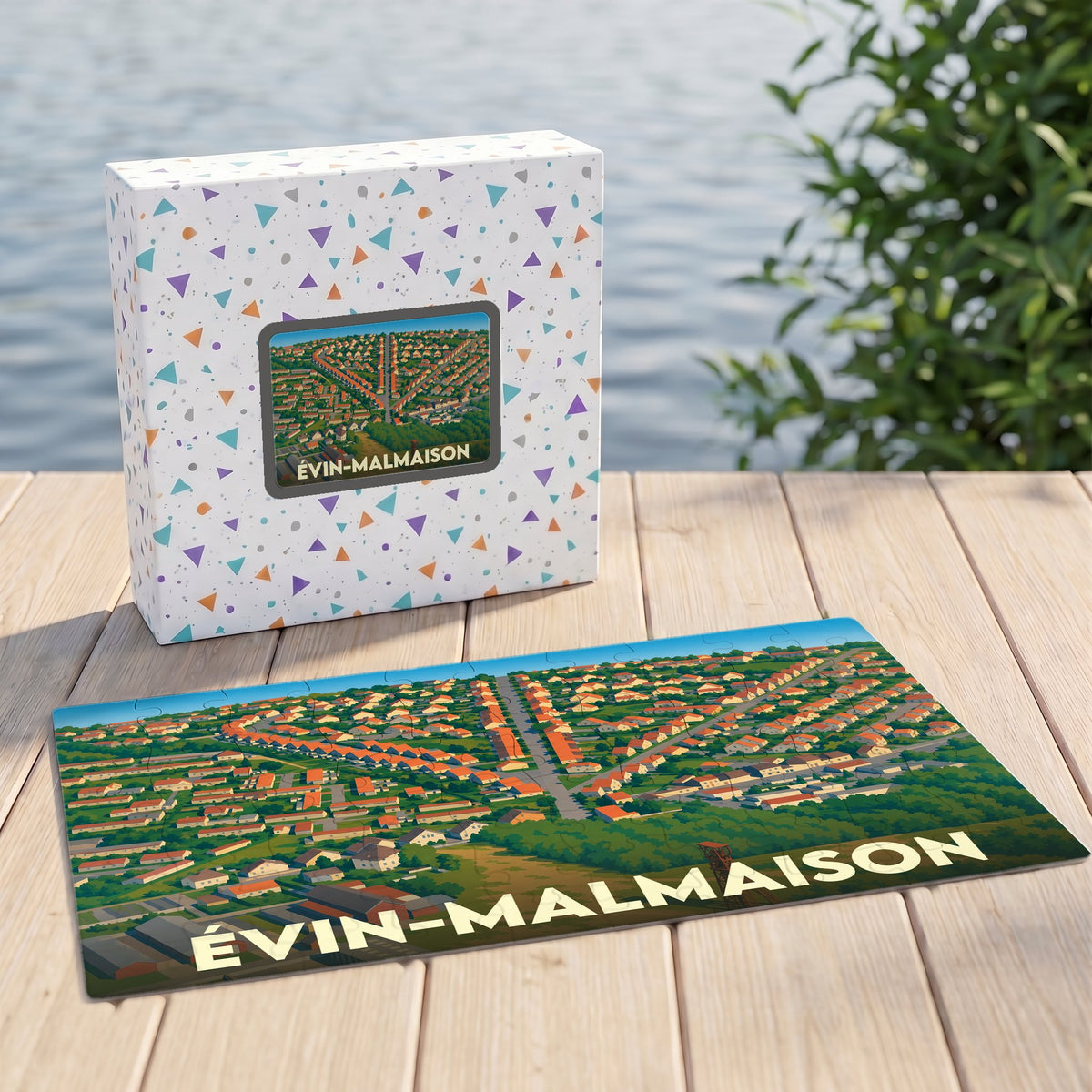 Puzzle souvenir de la ville de Évin-Malmaison avec une illustration stylisée vue du ciel.