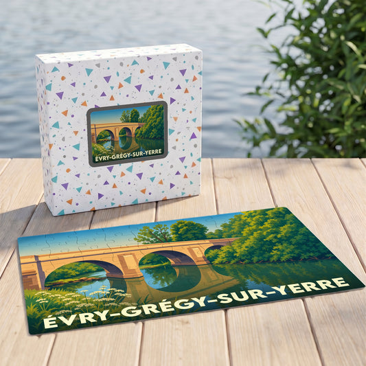 Puzzle souvenir de la ville d'Évry-Grégy-sur-Yerre représentant une illustration stylisée d'un pont en pierre.