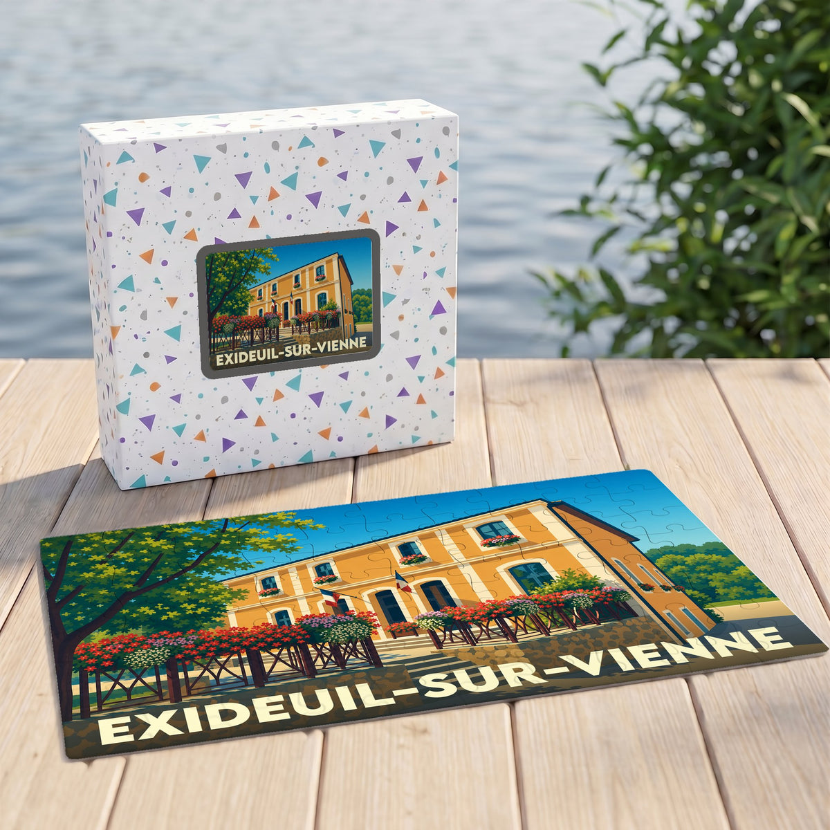 Puzzle souvenir de la ville de Exideuil-sur-Vienne avec une illustration stylisée d'un bâtiment fleuri.