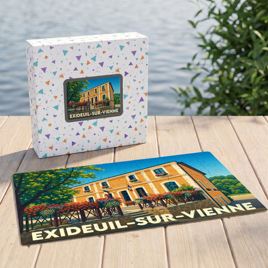 Puzzle souvenir de la ville de Exideuil-sur-Vienne avec une illustration stylisée d'un bâtiment fleuri.