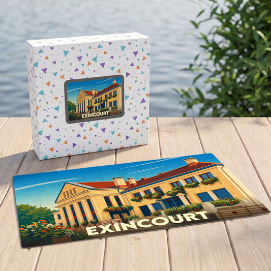 Puzzle souvenir de la ville de Exincourt avec une illustration colorée de son architecture.