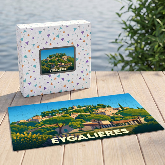 Puzzle souvenir de la ville d'Eygalières avec une illustration stylisée de ses paysages provençaux.