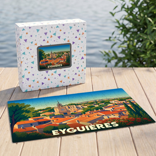 Puzzle souvenir de la ville d'Eyguières avec une illustration stylisée de ses toits provençaux.