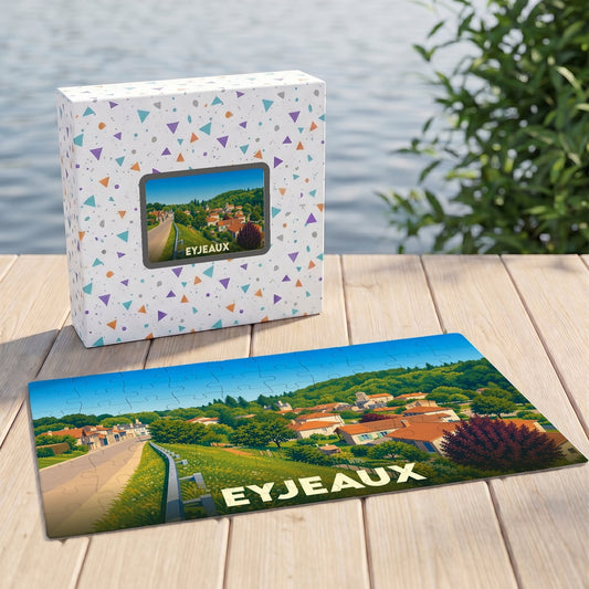 Puzzle souvenir de la ville d'Eyjeaux avec une illustration colorée représentant un paysage urbain niché dans la verdure.