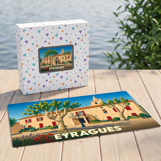 Puzzle souvenir de la ville d'Eyragues avec une illustration stylisée de son architecture provençale.
