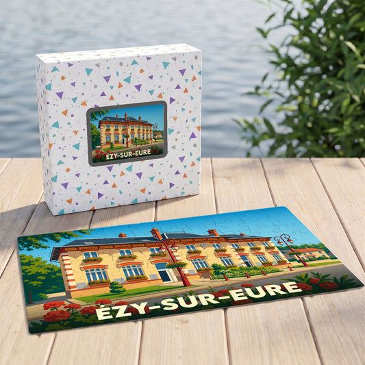 Puzzle souvenir de la ville d'Ézy-sur-Eure représentant une illustration stylisée d'un bâtiment remarquable.