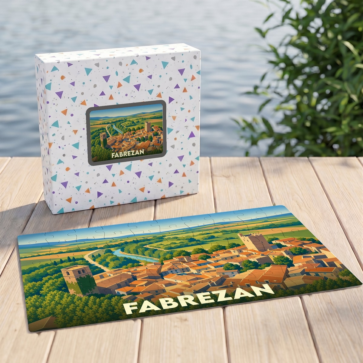 Puzzle souvenir de la ville de Fabrezan avec une illustration stylisée.