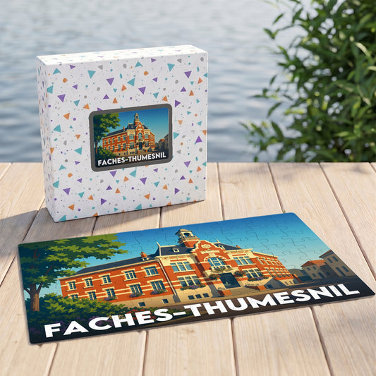 Puzzle souvenir de la ville de Faches-Thumesnil avec une illustration stylisée de son hôtel de ville.