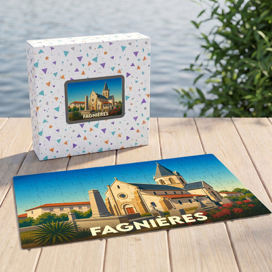 Puzzle souvenir de la ville de Fagnières avec une illustration stylisée.