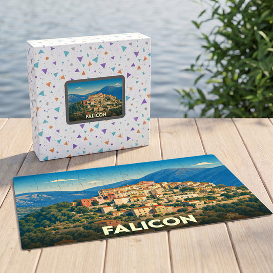 Puzzle souvenir de la ville de Falicon avec une illustration stylisée de ses collines.