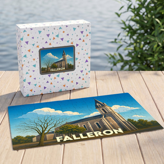 Puzzle souvenir de la ville de Falleron avec une illustration stylisée d'une église sous un ciel bleu.