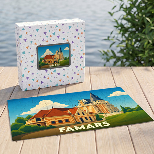 Puzzle souvenir de la ville de Famars avec une illustration stylisée d'un château.