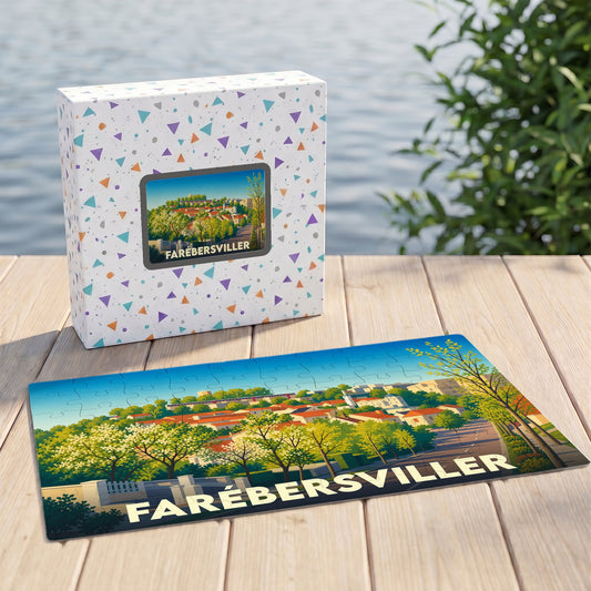 Puzzle souvenir de la ville de Farébersviller avec une illustration paysagère stylisée.