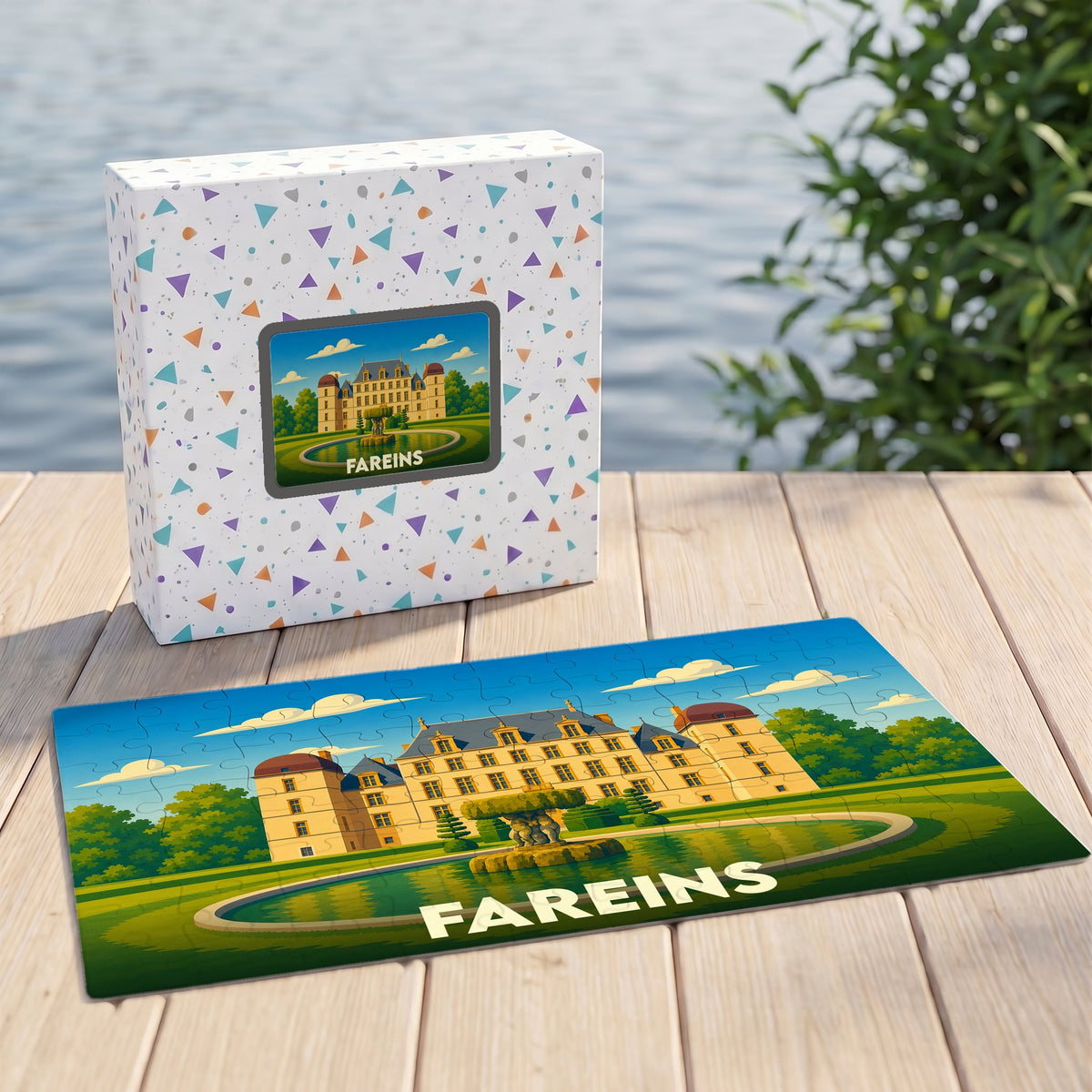 Puzzle souvenir de la ville de Fareins représentant son château avec une illustration colorée et stylisée.