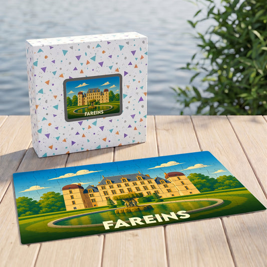 Puzzle souvenir de la ville de Fareins représentant son château avec une illustration colorée et stylisée.