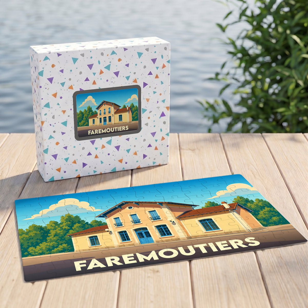 Puzzle souvenir de la ville de Faremoutiers avec une illustration colorée de sa gare.