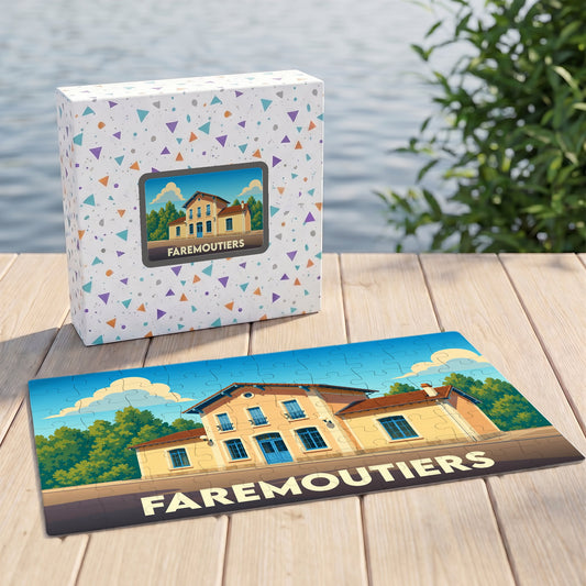 Puzzle souvenir de la ville de Faremoutiers avec une illustration colorée de sa gare.