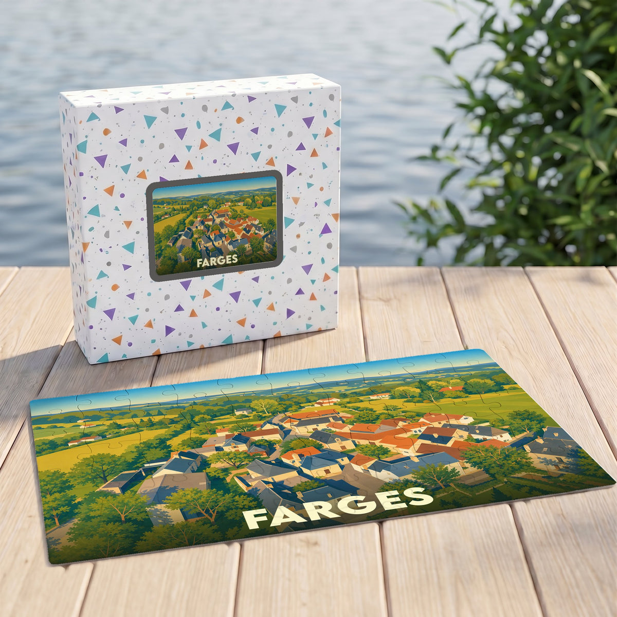 Puzzle souvenir de la ville de Farges illustrant un paysage de campagne vallonné avec ses maisons aux toits orangés.