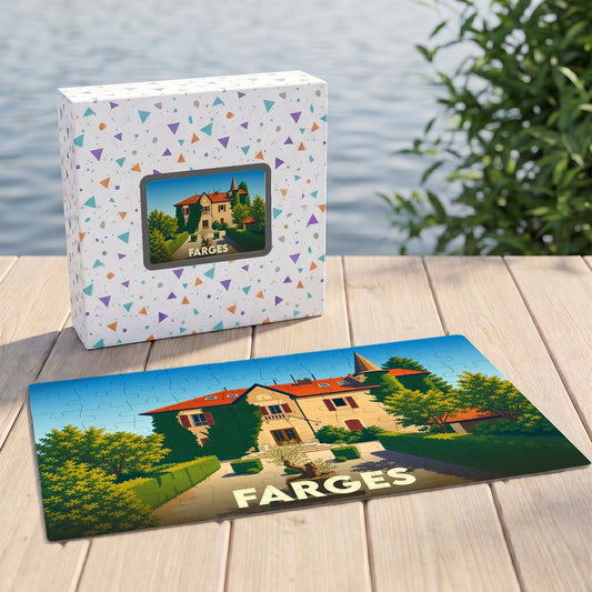 Puzzle souvenir de la ville de Farges avec une illustration stylisée d'un manoir.
