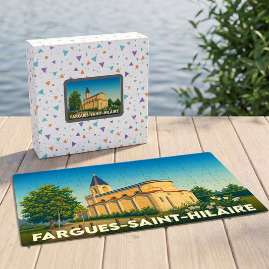 Puzzle souvenir de la ville de Fargues-Saint-Hilaire avec une illustration stylisée d'une église.