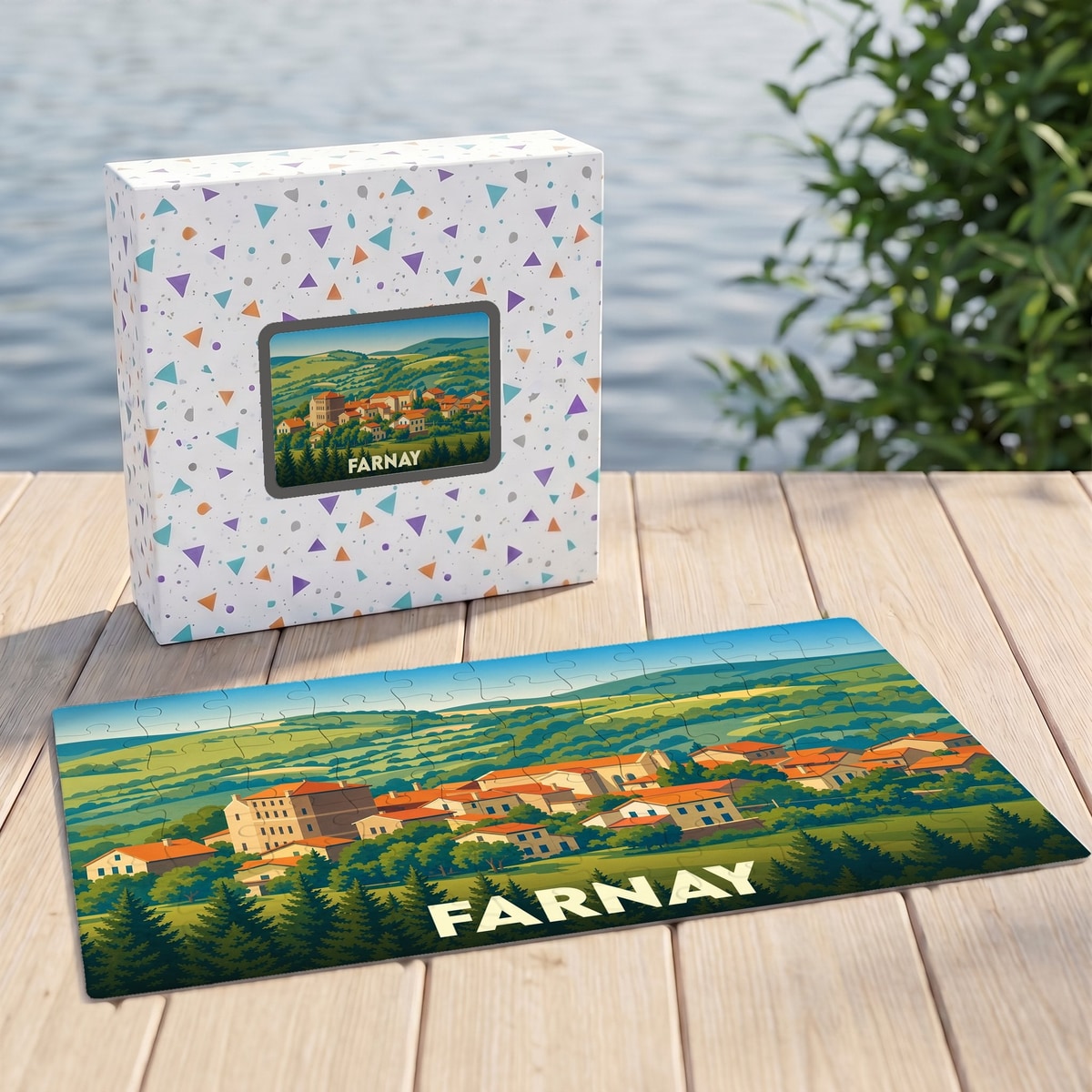 Puzzle souvenir de la ville de Farnay avec une illustration stylisée d'un paysage vallonné.