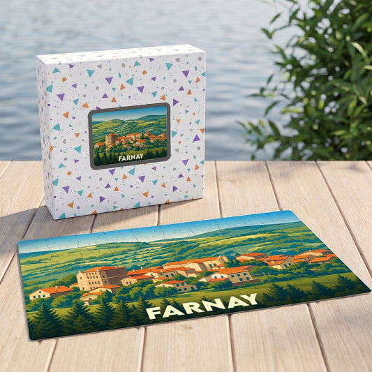 Puzzle souvenir de la ville de Farnay avec une illustration stylisée d'un paysage vallonné.